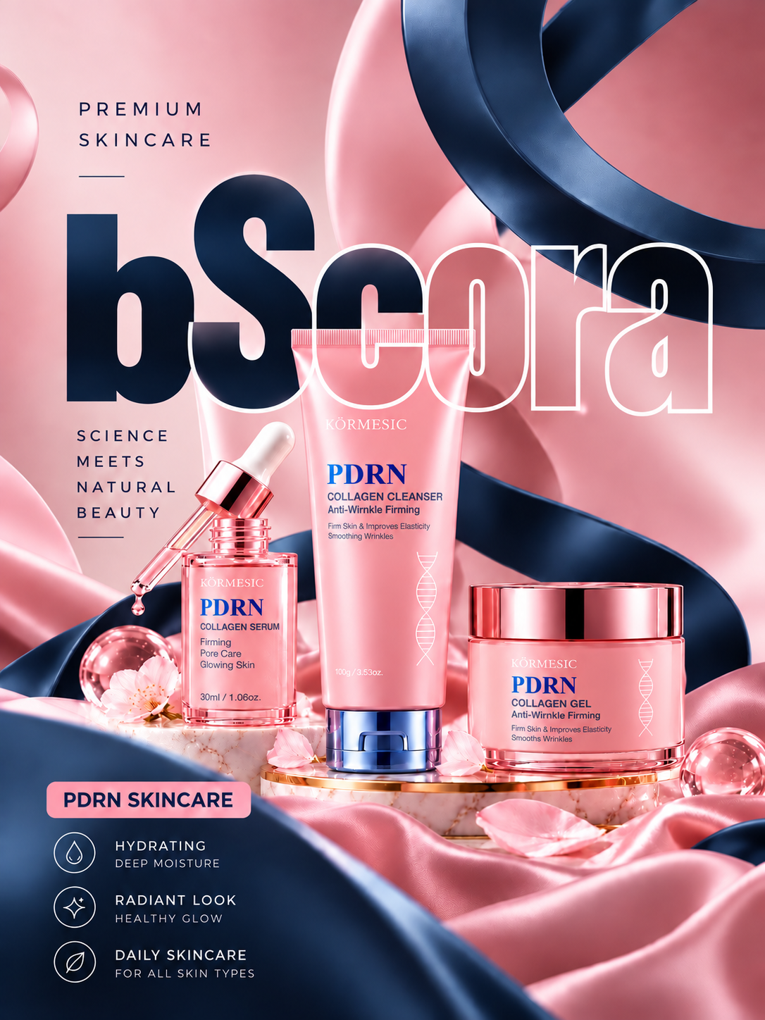 bScora PDRN collagen skincare: essence, cleansing milk and sleeping mask